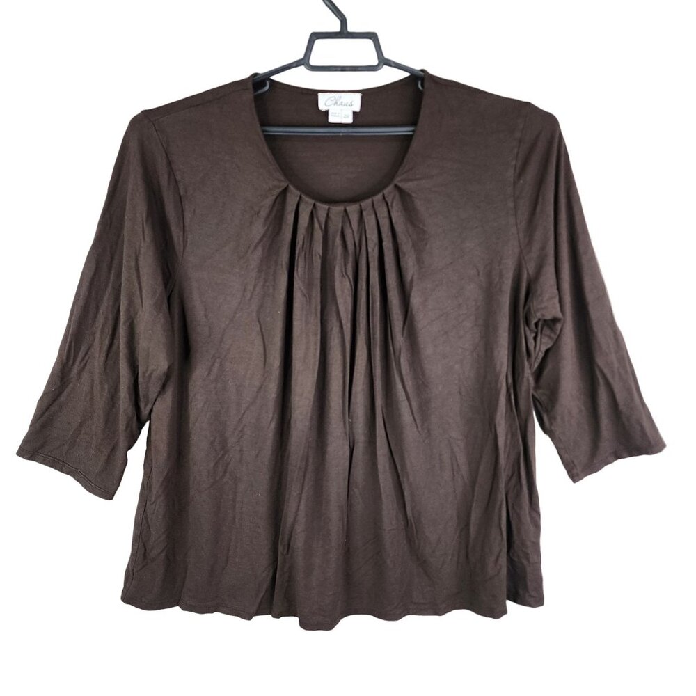 Womens Brown Chaus Top Blouse 3/4 Sleeves Pleated Front Size 2X